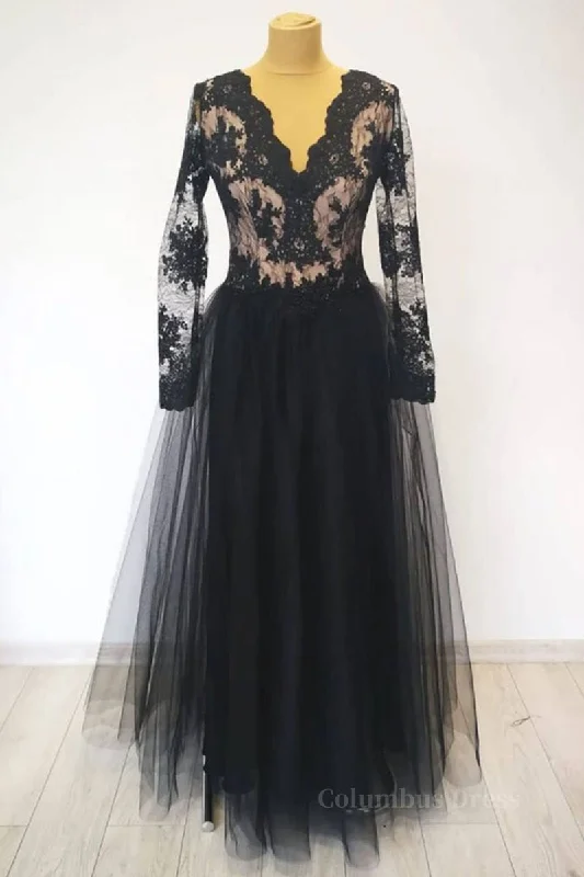 V Neck Long Sleeves Black Lace Long Corset Prom Dress, Long Sleeves Black Lace Corset Formal Dress, Black Lace Evening Dress outfit Casual Lace Dress