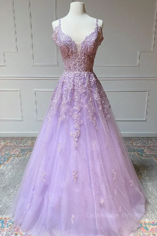 V Neck Off Shoulder Long Lilac Lace Corset Prom Dress, Off Shoulder Purple Lace Corset Formal Graduation Evening Dress outfit Off-the-shoulder Lace