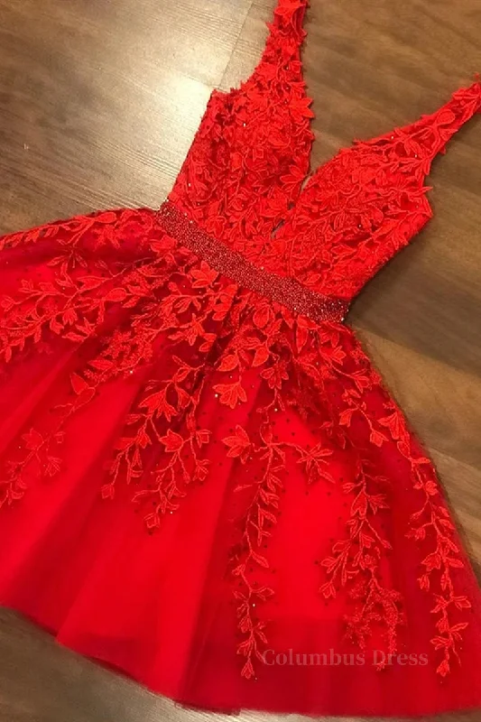 V Neck Short Red Lace Corset Prom Dress with Beadings, Short Red Lace Corset Formal Graduation Corset Homecoming Dress outfit Lace Dress Lookbook