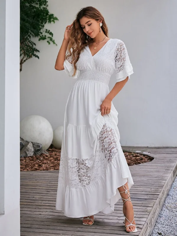 Women's Summer Lace Ruffle Sleeved White Dress Lace Dress Flare