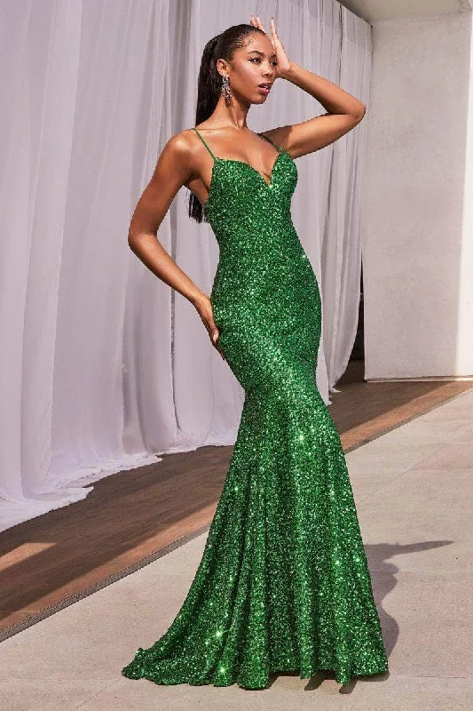 Cinderella Divine CH066 - Spaghetti Strap Sequin Gown