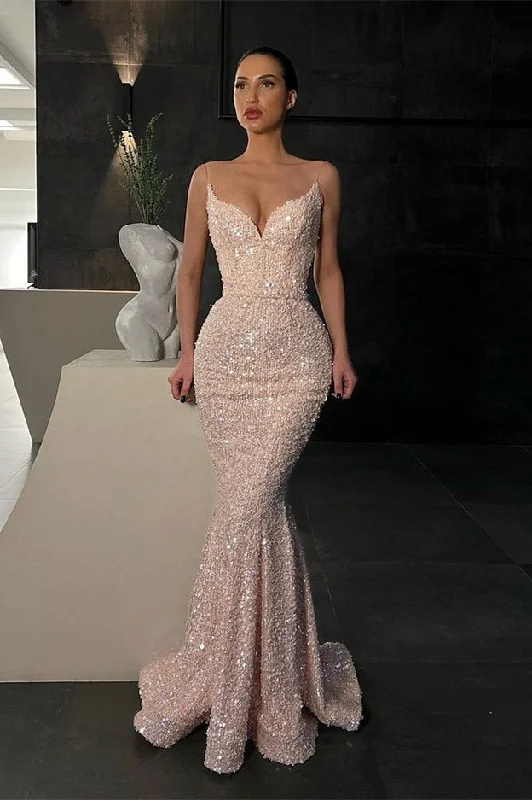 Gorgeous Spaghetti-Straps Sequins Mermaid Evening Dress Long On Sale