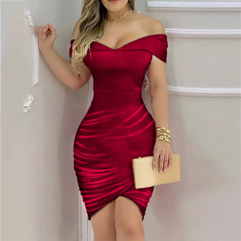 YOUYEDIAN Off Shoulder Evening Velvet Sequin Choice Ruched Dress