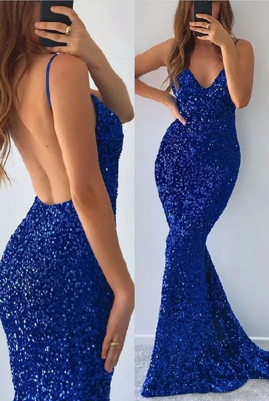 Royal Blue Sequins Mermaid Evening Dress V-Neck Sleeveless With Slit