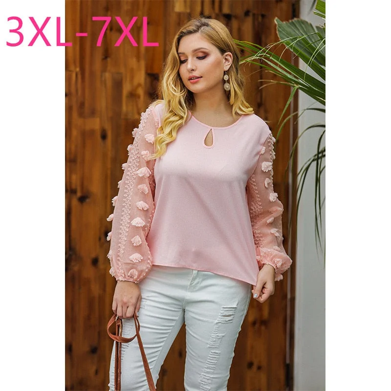 2023 spring summer plus size tops for women large blouse casual loose long sleeve pink chiffon shirt 3XL 4XL 5XL 6XL 7XL