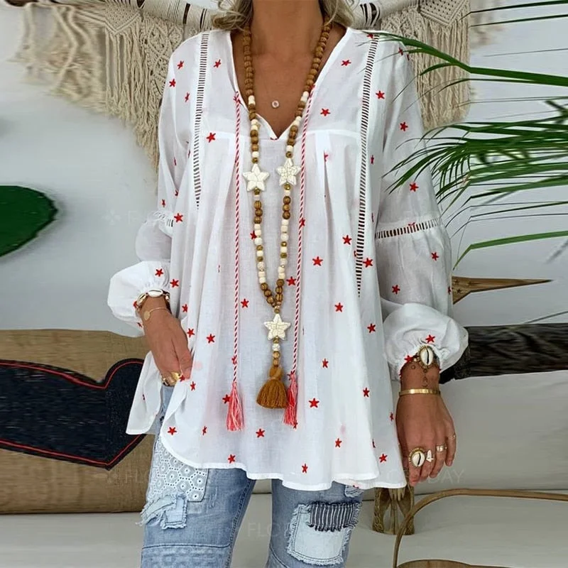 2023 White Blouse For Women Casual Lantern Long Sleeve Hollow Out Female Tunic 4XL Plus Size Pentagram Printed Blouse Shirt