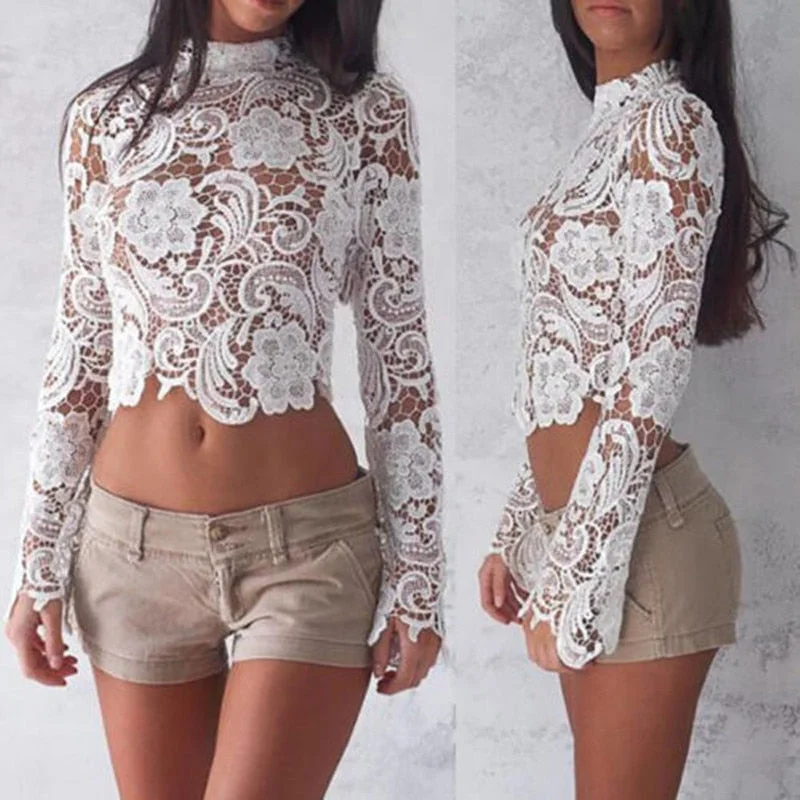 Elegant Women Casual Lace Tops Long Sleeve Loose Shirt Ladies Blouse Plus Size