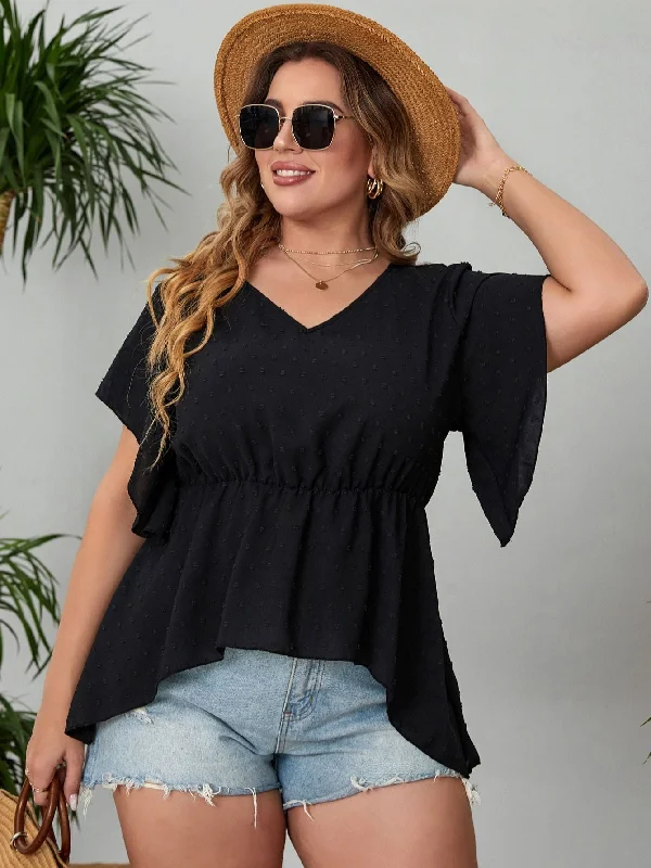 Large Plus Size 4XL Peplum Tops Women Summer 2023 Large Clothing V Neck Casual Elegant Blouses Black Oversized Ladies T Shirt