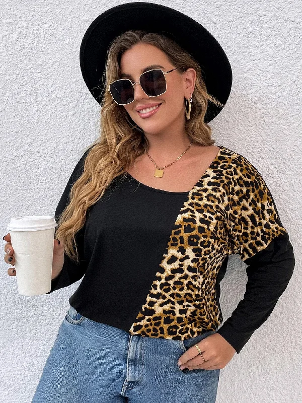 Plus Size 4XL Blouses for Women 2023 Autumn Patchwork Leopard Long Sleeve Large Size Top Casual T Shirt Loose Oversized Clothing