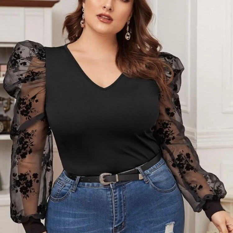 Plus Size Blouse Shirt Black 2023 Spring Autumn Women Mesh See Through Long Sleeve Casual Blouse Ladies Tops