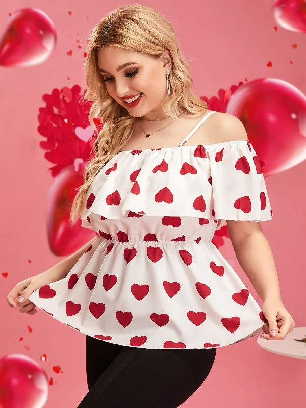 Plus Size Peplum Blouses Large Size Curvy T-shirts Summer 2023 Women 4xl Heart Print Ruffles Off Shoulder Casual Ladies Top