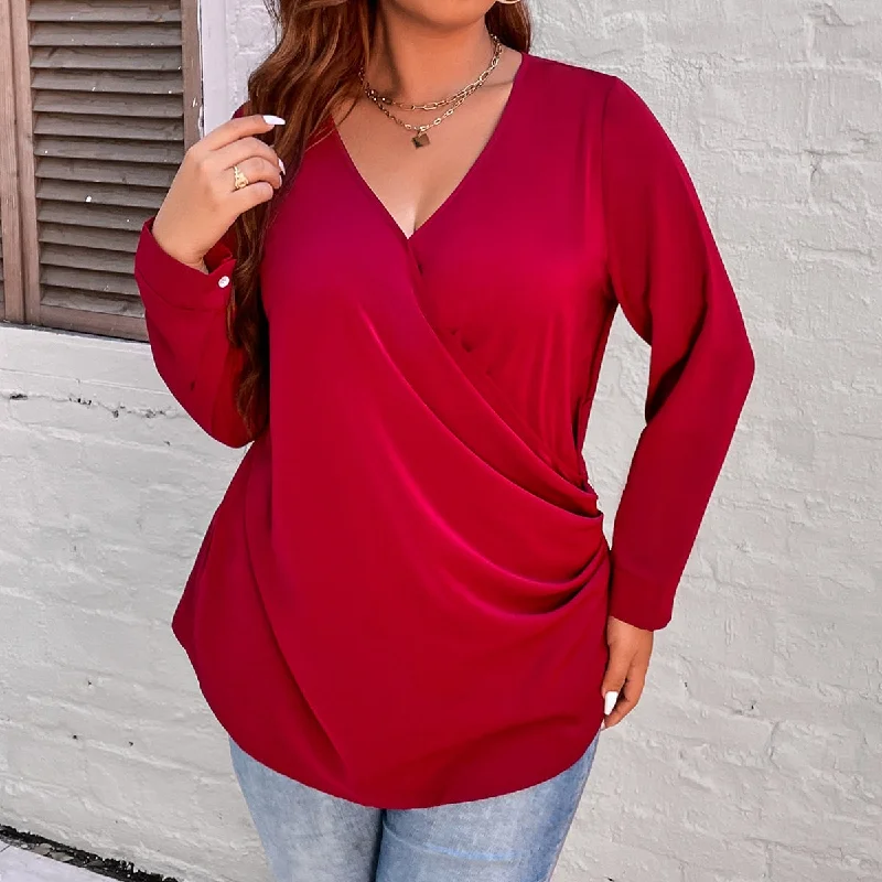 Plus Size Women Clothing 2023 Autumn Winter Loose Fit Long Sleeve T Shirt Solid Black Large Big Tops V Neck Casual Blouse 4XL