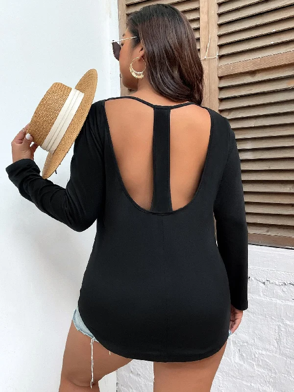 Women Plus Size 4XL Tops Summer Autumn 2023 Curvy Backless Long Sleeve Sexy Blouses Large Size O Neck Casual Oversized T-Shirts