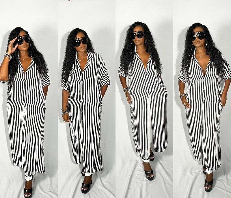 Black and White Stripe Button Front Shirt Dress in S-3X! Satin Shirt Dress