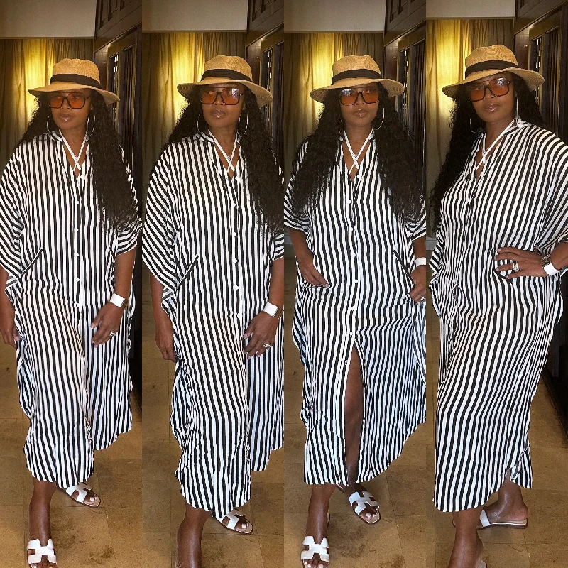 Black  and White V Neck Stripe Button Front Shirt Dress Long Sleeve Shirt Dress