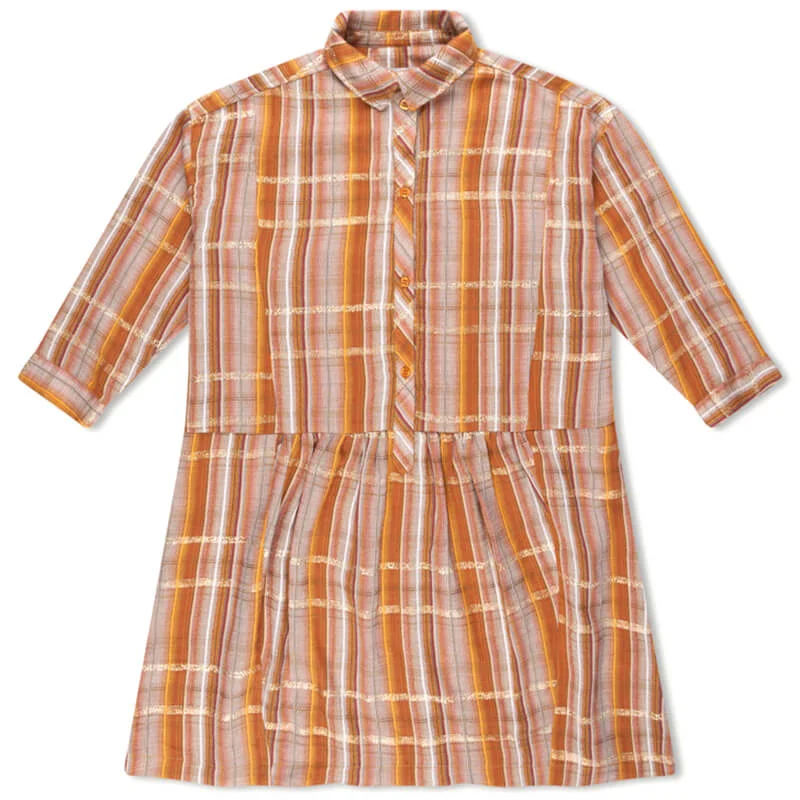 Boxy Shirt Dress in Golden Check by Repose AMS - Last Ones In Stock - 4-6 Years Belted Button Dress