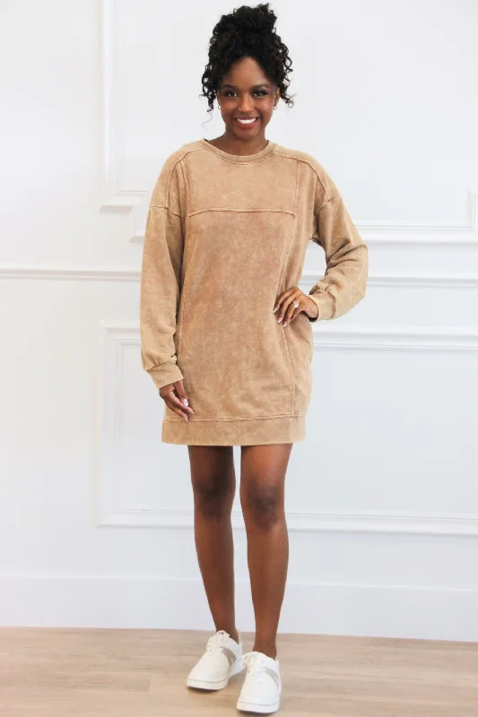 Casual Days Oversized Washed Sweatshirt Tunic Dress: Camel Tartan Shirt Gown