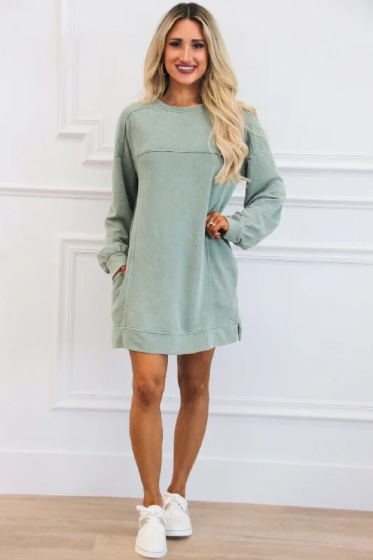 Casual Days Oversized Washed Sweatshirt Tunic Dress: Sage Sexy Shirt Gown