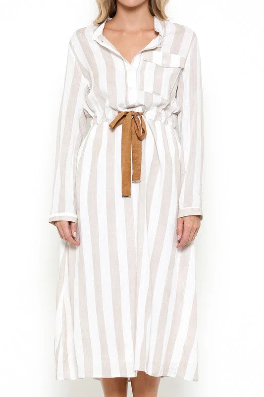 Elegant Beige Striped White Shirt Dress Black Shirt Dress