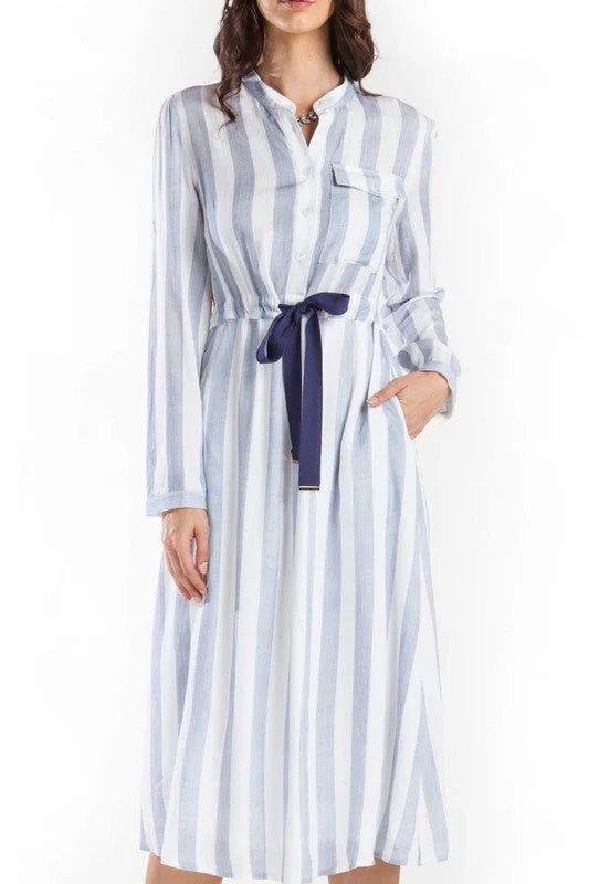 Elegant Blue Striped White Shirt Dress Long Shirt Dress