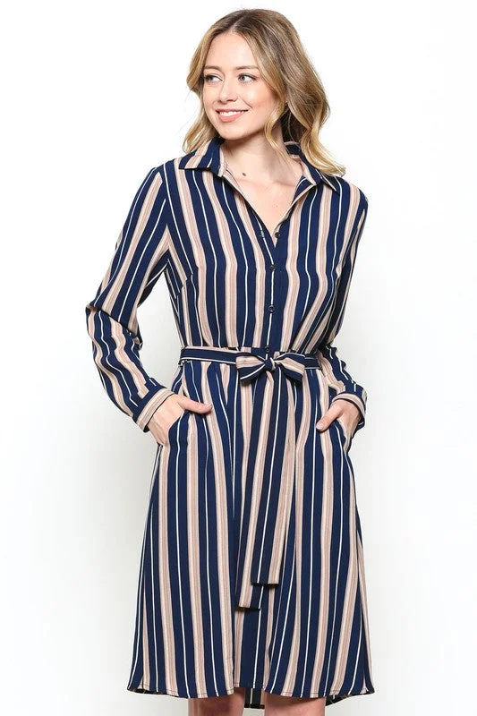 Elegant Navy Striped Beige Shirt Dress Casual Dress Shirt