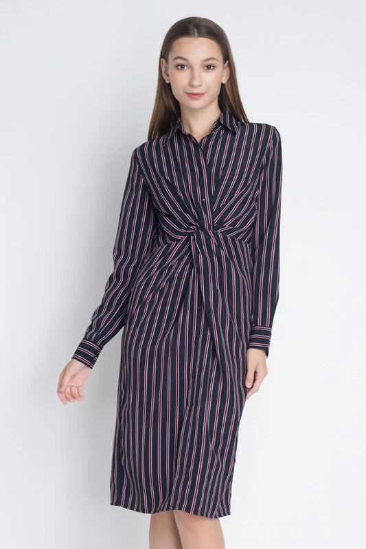 Fashion Navy Contrast Tie-Up Knot Shirt Dress Stretch Shirt Dress