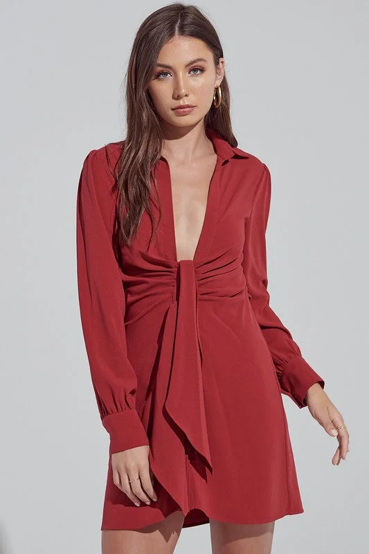 Fashion Wine Deep Tie-Up Shirt Dress Comfy Shirt Dress