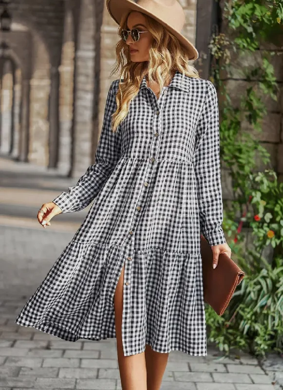 Gingham Shirt Dress Pleated Shirt Gown