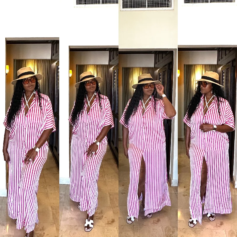 Hot Pink and White Stripe Button Front Shirt Dress Shirt Dress Outfit