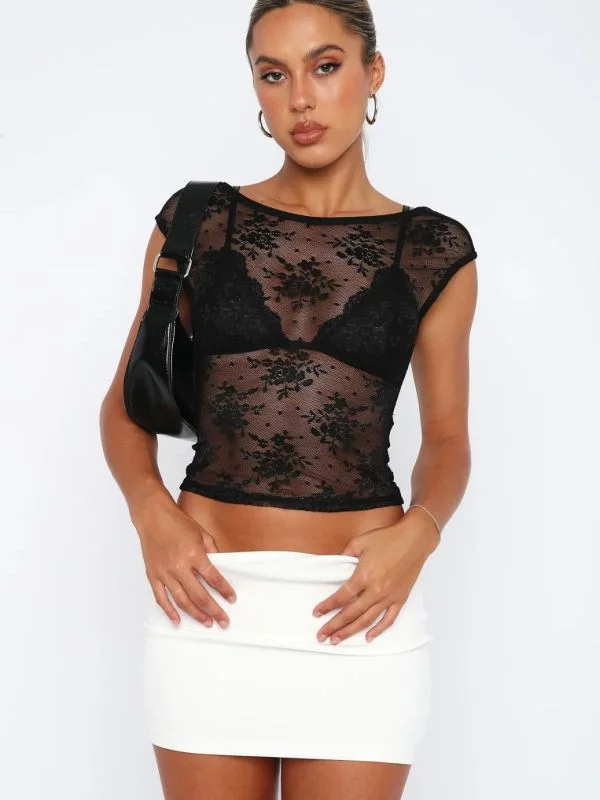 Lace Mesh Backless Top for Women Sheer See-through T-shirt Modern Shirt Dress