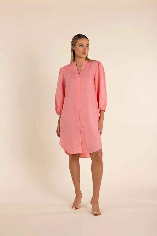 Linen Shirt Dress - Coral Flowy Shirt Dress