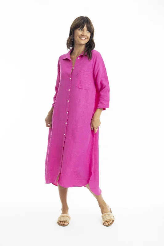 Linen Shirt Dress - Pink Long Sleeve Shirt