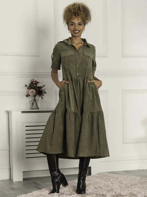 Jolie Moi Military Tiered Shirt Dress, Soldier Green Shirt Dress Chic