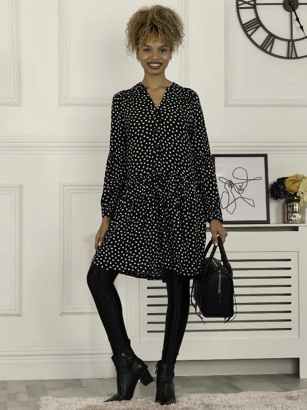 Penele Printed Viscose Shirt Dress, Black Geo A-line Shirt Dress