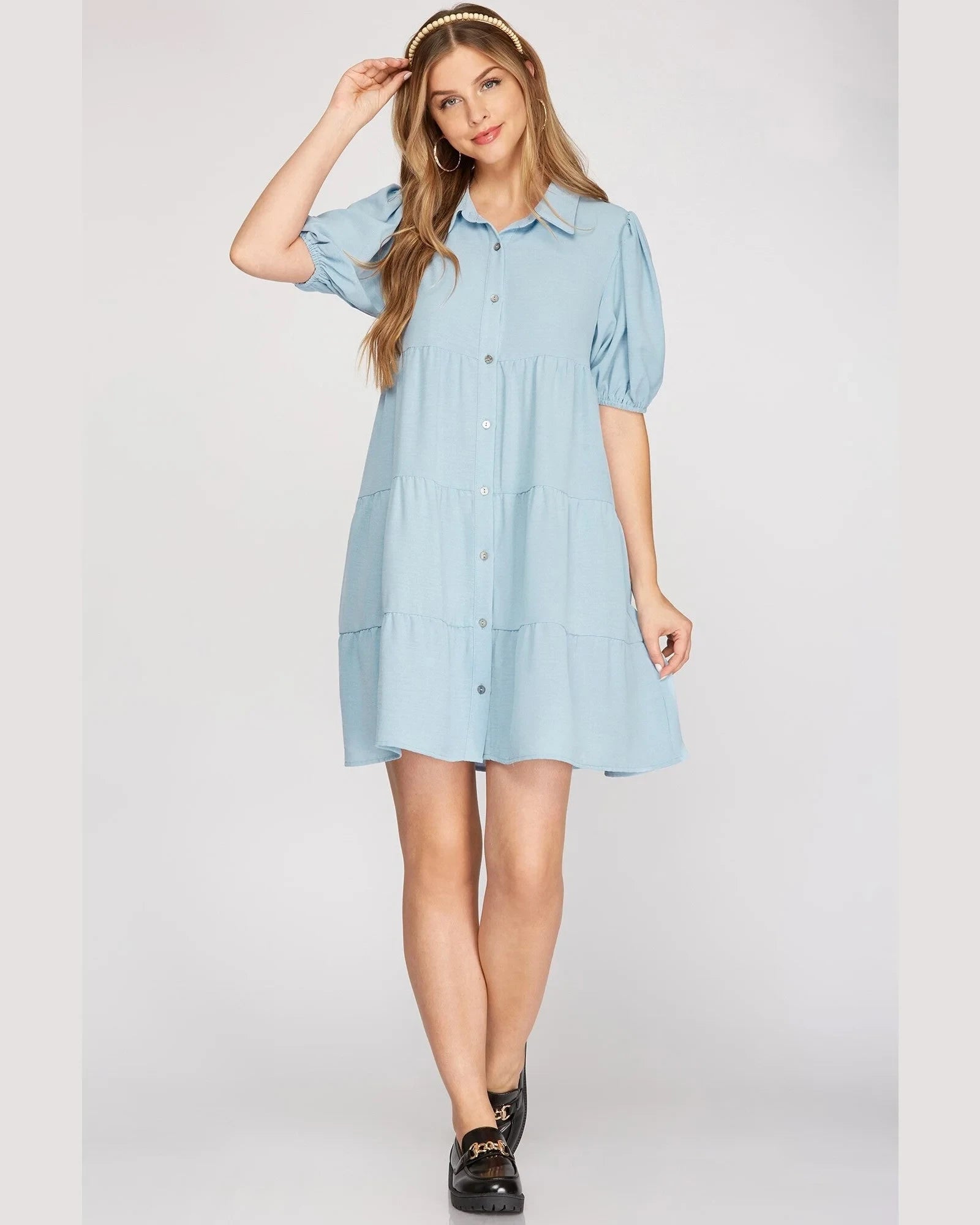 Puff Sleeve Tiered Shirt Dress Blue Shirt Dress