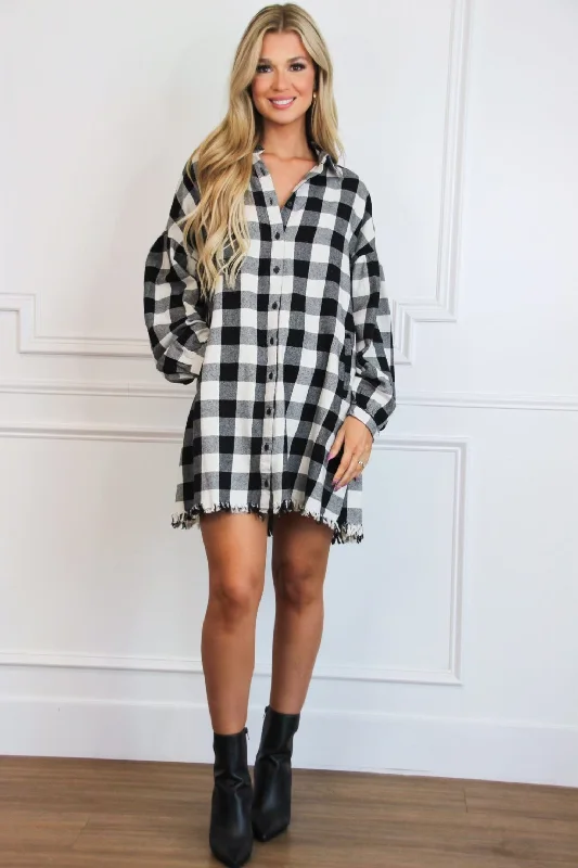 Pumpkin Patch Plaid Shirt Dress: Black/White High-Waisted Shirt Dress