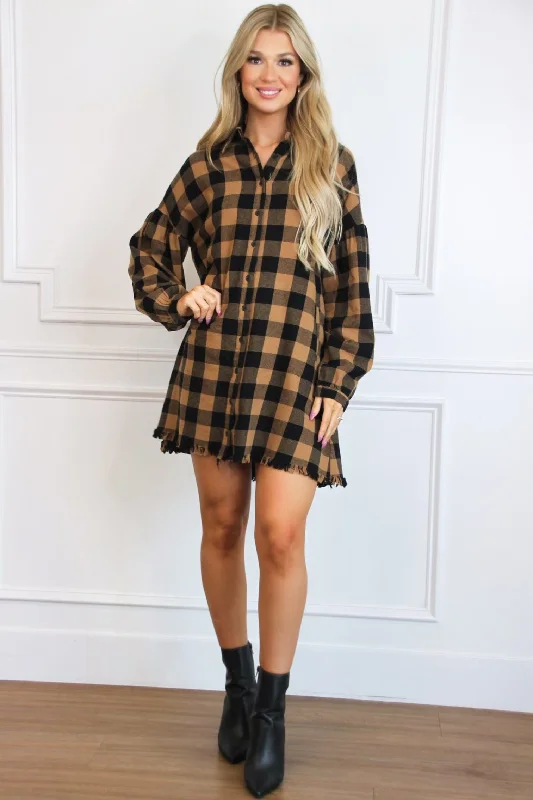 Pumpkin Patch Plaid Shirt Dress: Camel/Black Casual Fit Shirt