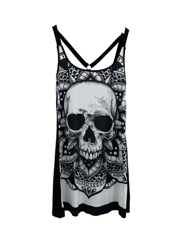 Sling Fashion Skull Printed Vest Spring Summer Sleeveless Backless T-Shirt Top Button Detail Shirt