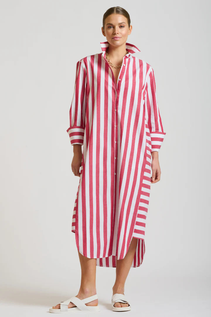 The Andrea Shirtdress - Red Wide Stripe Comfortable Shirt Dress