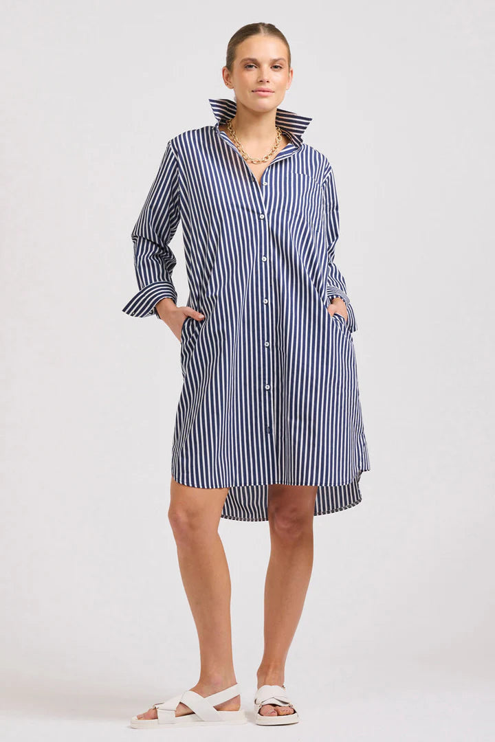 The Classic Cotton Shirtdress - French Navy Stripe Trendy Shirt Dress