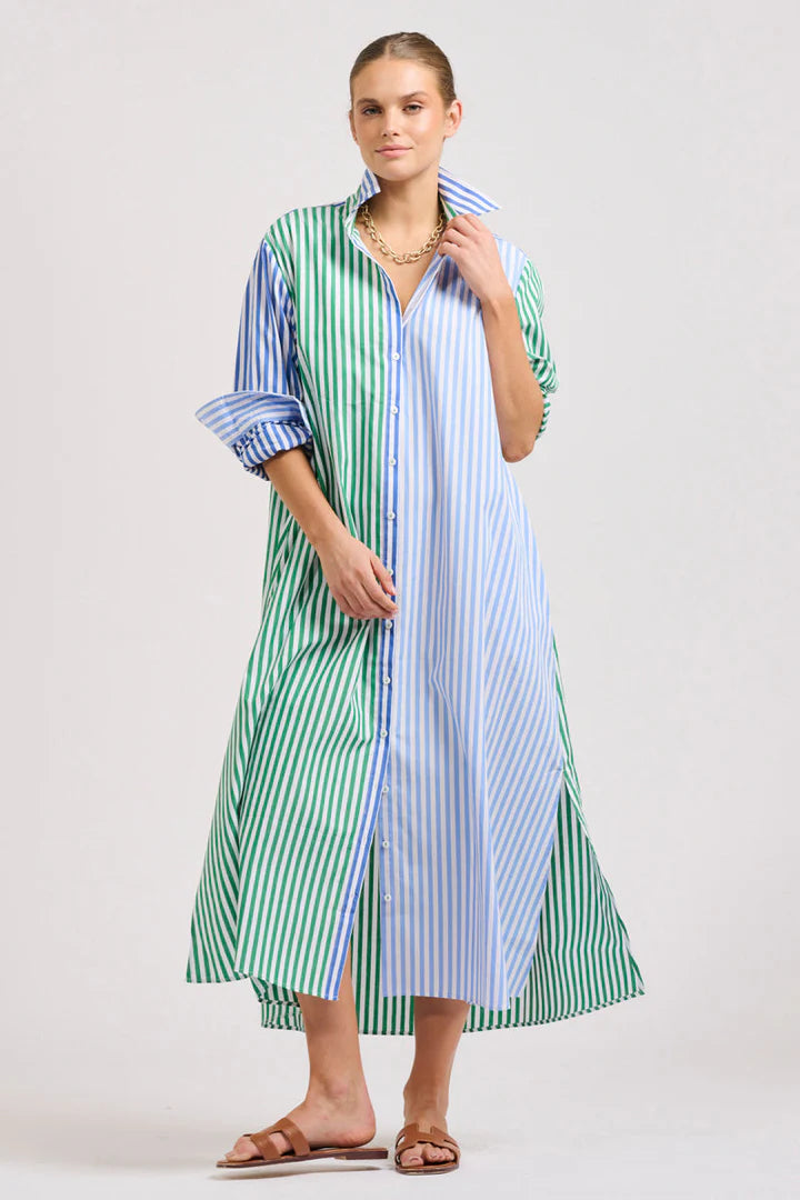 The Luna Oversized Shirtdress - Blue/Green Stripe Combo Loose Shirt Dress