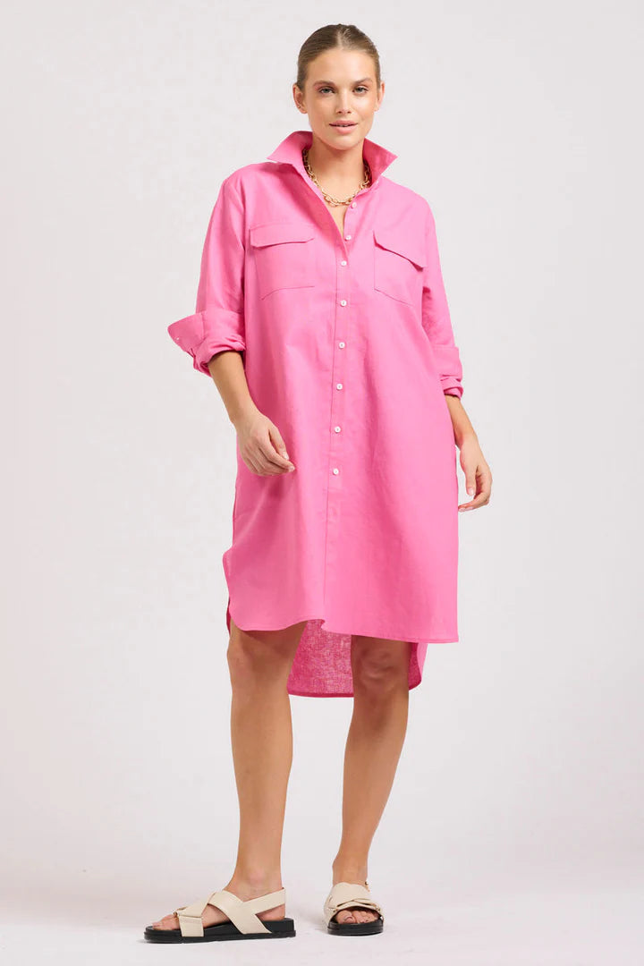 The Venus Linen Shirtdress - Hot Pink Chic Shirt Dress