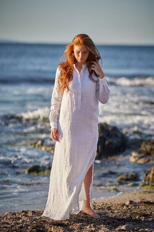 Linen Kaftan Shirt Dress in White Sleeveless Shirt Dress