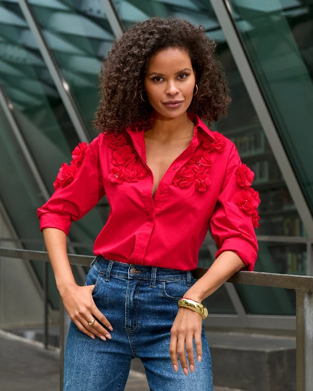 Poplin and Pearl Button Down Shirt Tomato Red