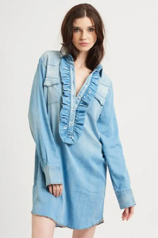 The Cowgirl Shirt Dress - Light Denim Pleated Shirt Dress