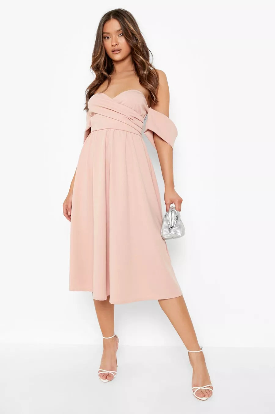 Bardot Pleat Detail Midi Skater Dress Rose