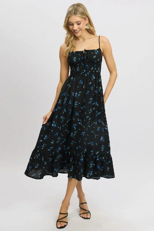 Black Floral Midi Dress Tiered Strappy Pleated Midi Skirt