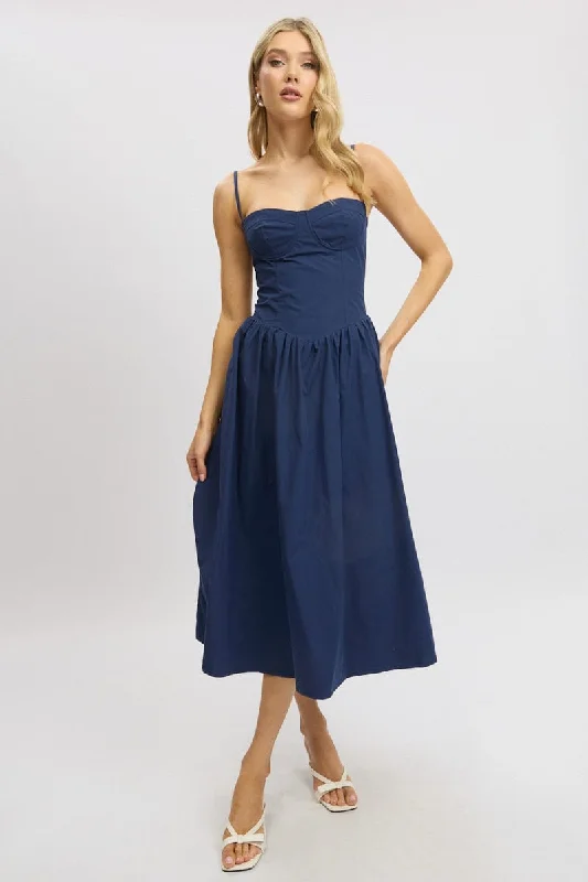 Blue Midi Dress Corset Bust Soft Midi Skirt