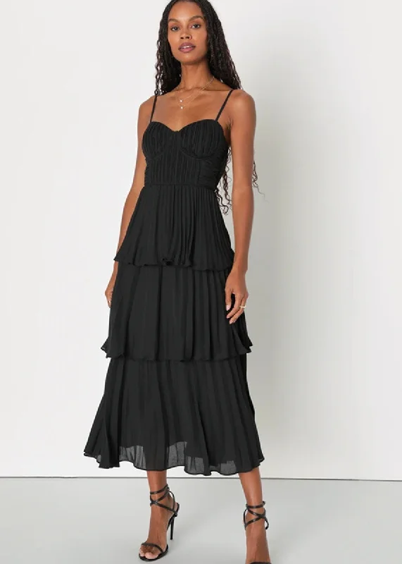 Cascading Crush Tiered Bustier Midi Dress - Black Cozy Midi Dress