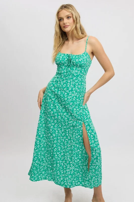 Green Ditsy Midi Dress Gathered Bust Midi Skirt Look